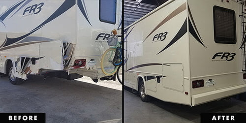 RV ceiling water damage and interior repair — before and after