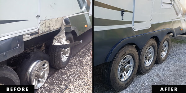 Travel trailer fender skirt and wheel well repair — before and after