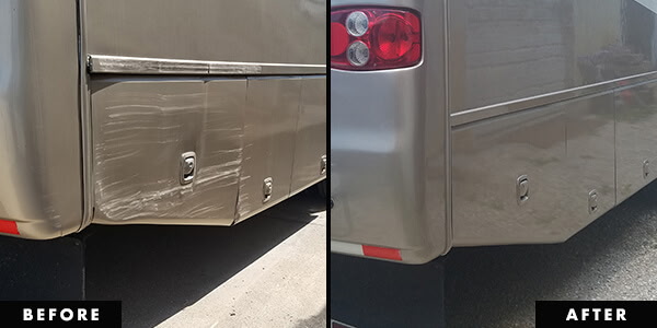 Motorhome side panel dent and trim repair — before and after
