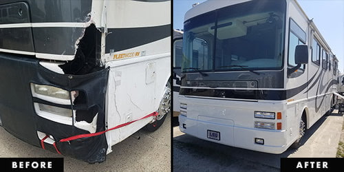 Fleetwood Class A front-end collision repair — before and after